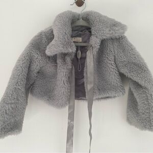 Gray faux fur toddler girl coat size 3 Satin Ribbon tie closure